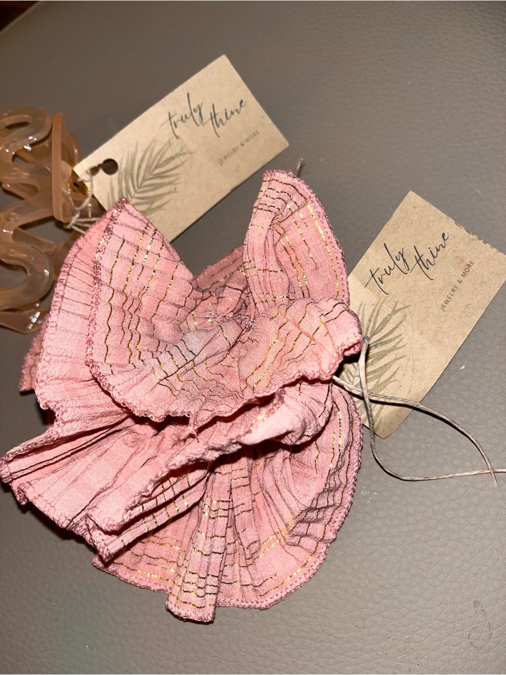 Pink Ruffled Fabric Scrunchie with Gold Threading - Picture 3 of 7